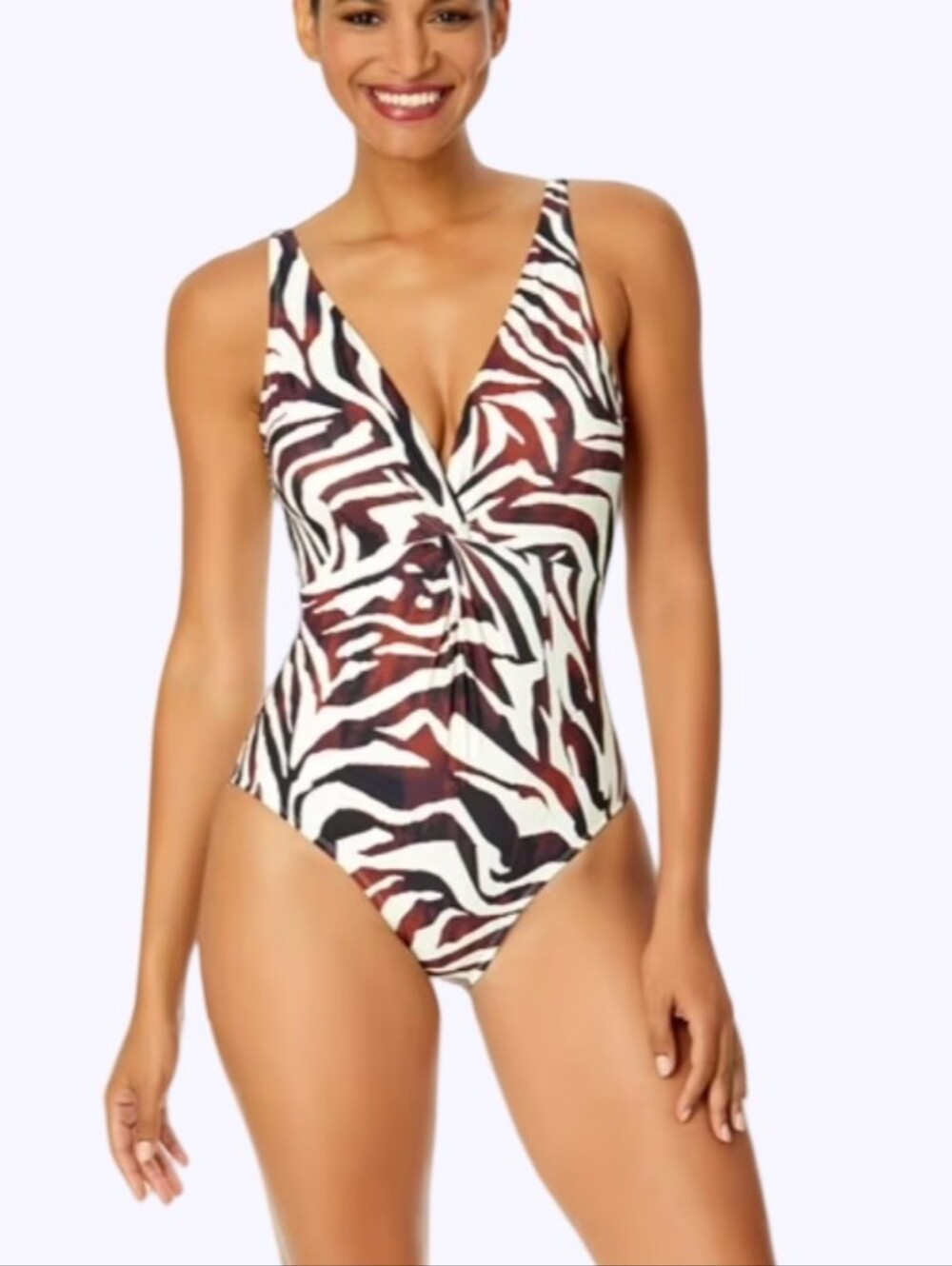 Anne Cole Zebra Print Twist Front V-Neck One Piece Swimsuit Brown White